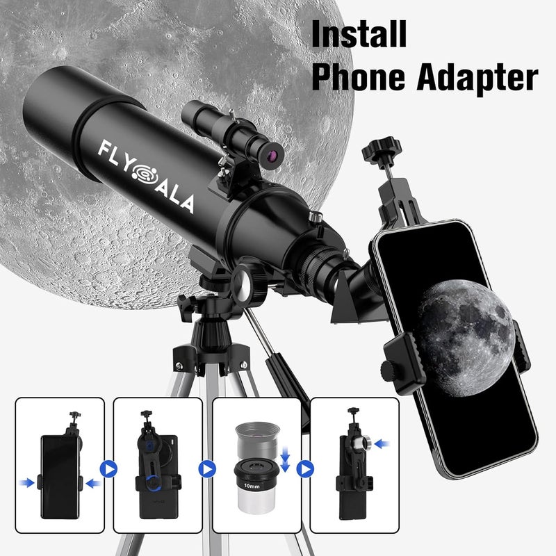 FlyGala Telescope for Kids and Adults,80mm Aperture 600mm Focal Length Beginners Astronomical Telescope for Adults high Powered (30X-750X),Refractor Astronomy telescopes Kids 6-8 8-12 Over 5 Year Old - Image 4